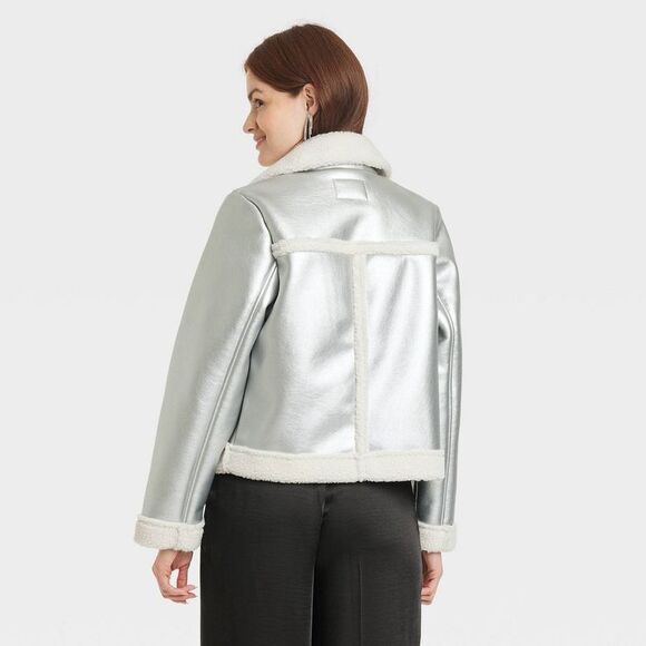 A New Day - A New Day Women's Zip-Up Winter Metallic Faux Shea Silver - Picture 2 of 3